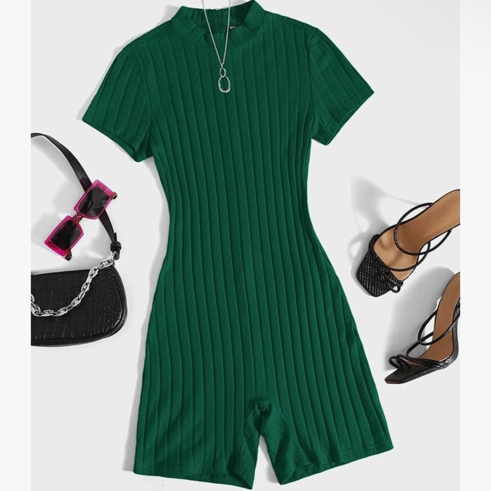 Green Ribbed Short Sleeve Romper